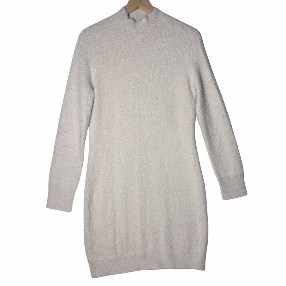 Bailey 44 Sweater Dress Cream Ivory Shimmer Mock Neck Fuzzy Knit Womens Size M